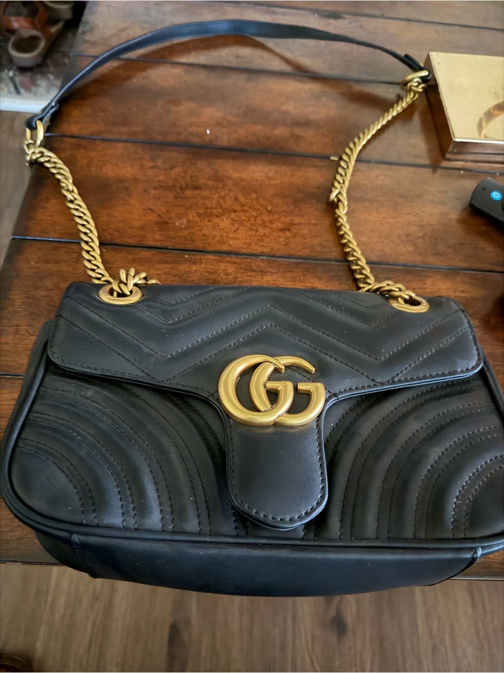 Gucci Black Leather Shoulder Bag with Gold Double G Hardware authentic
